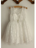 Ivory Lace Tulle Deep V Back Wedding Flower Girl Dress With Flower